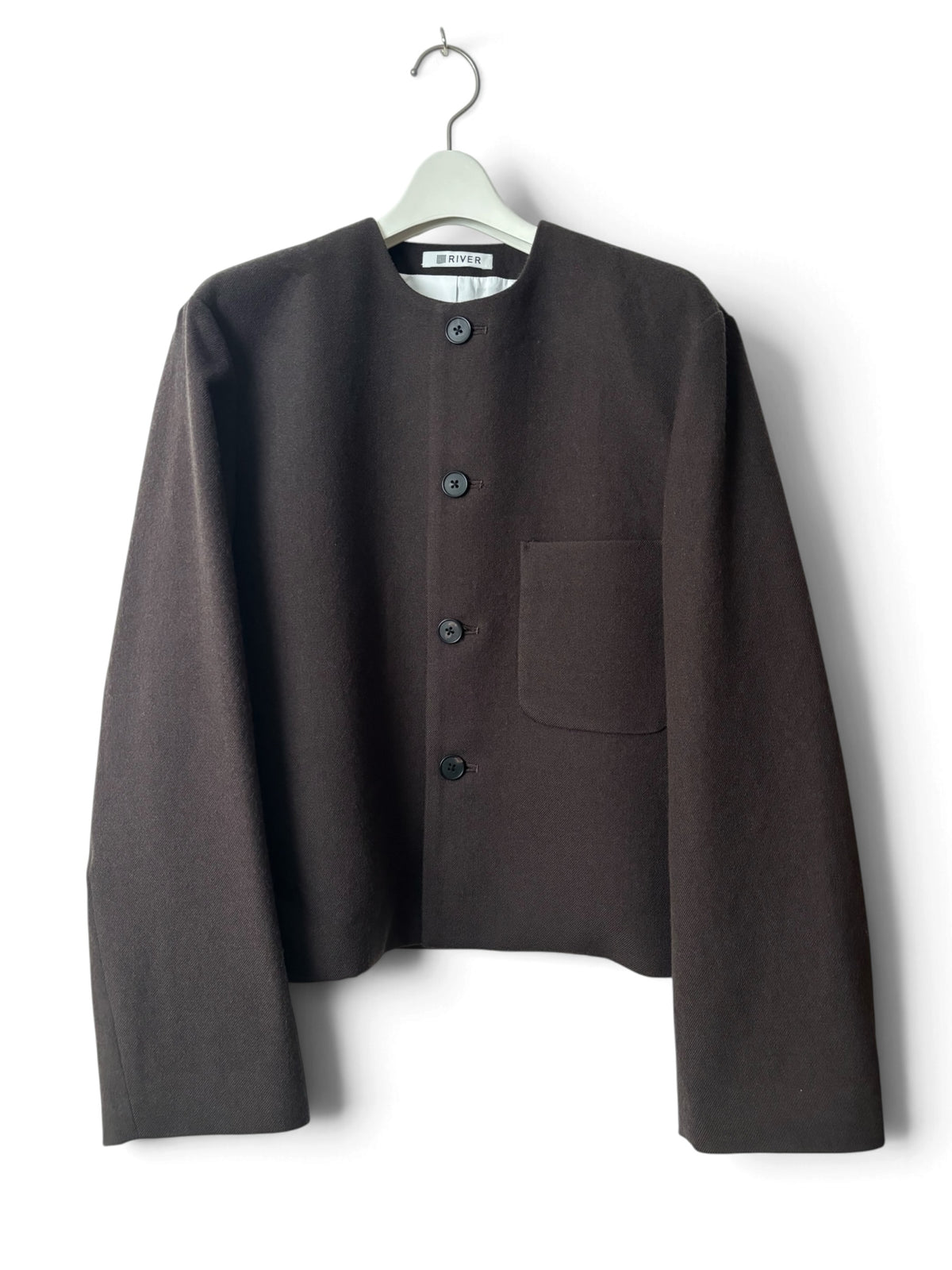 Cropped Collarless Jacket - Dark Brown