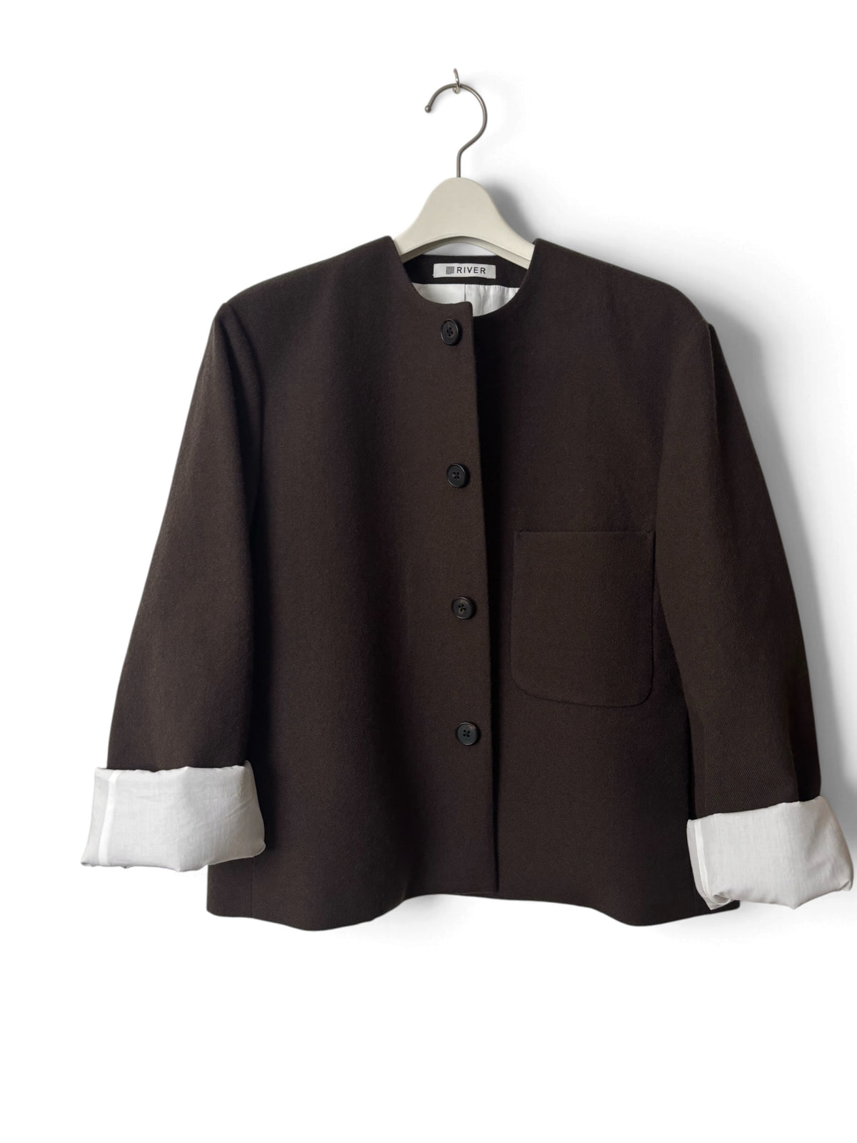 Cropped Collarless Jacket - Dark Brown
